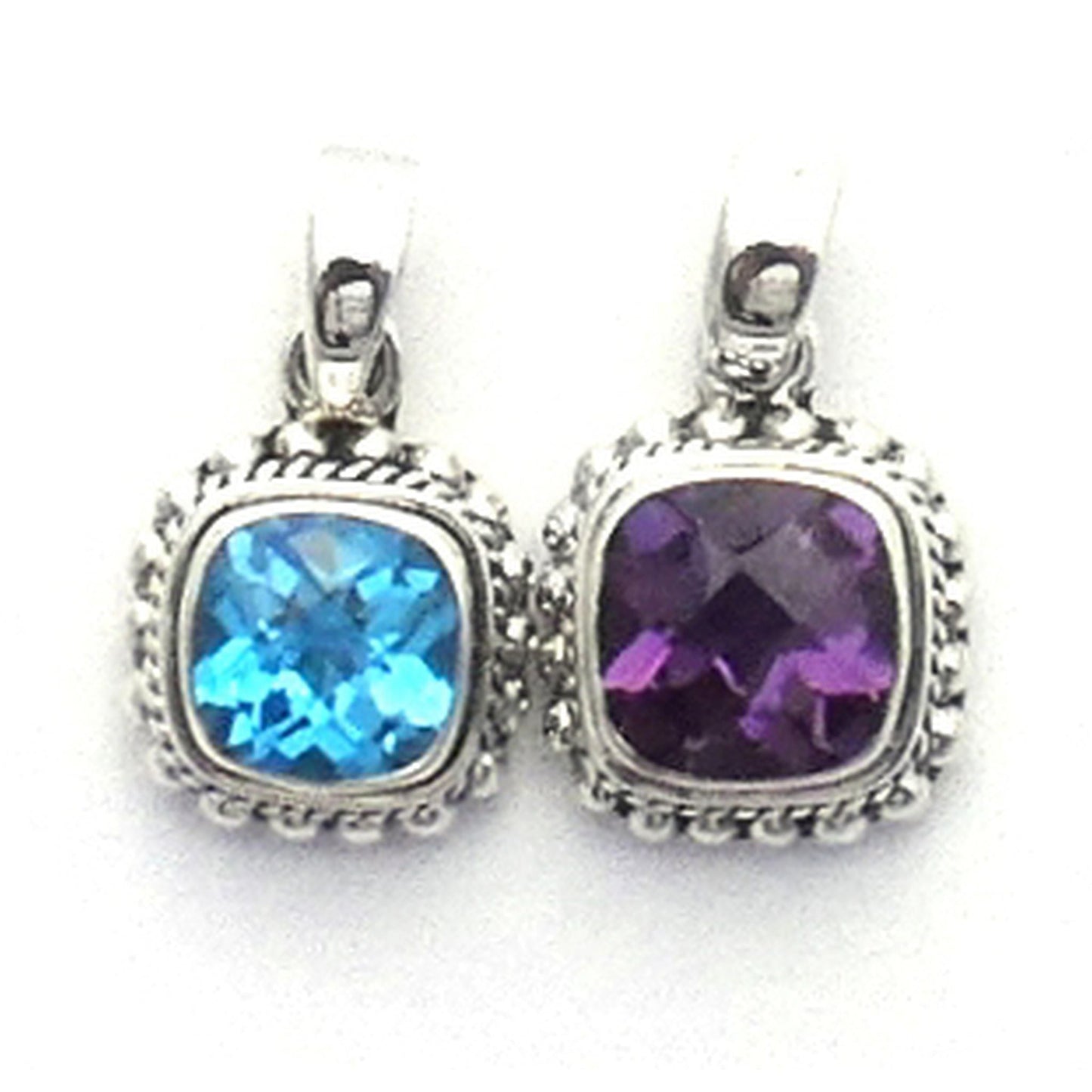 Comparison photo showing how the amethyst gemstone is bigger than the blue topaz stone.