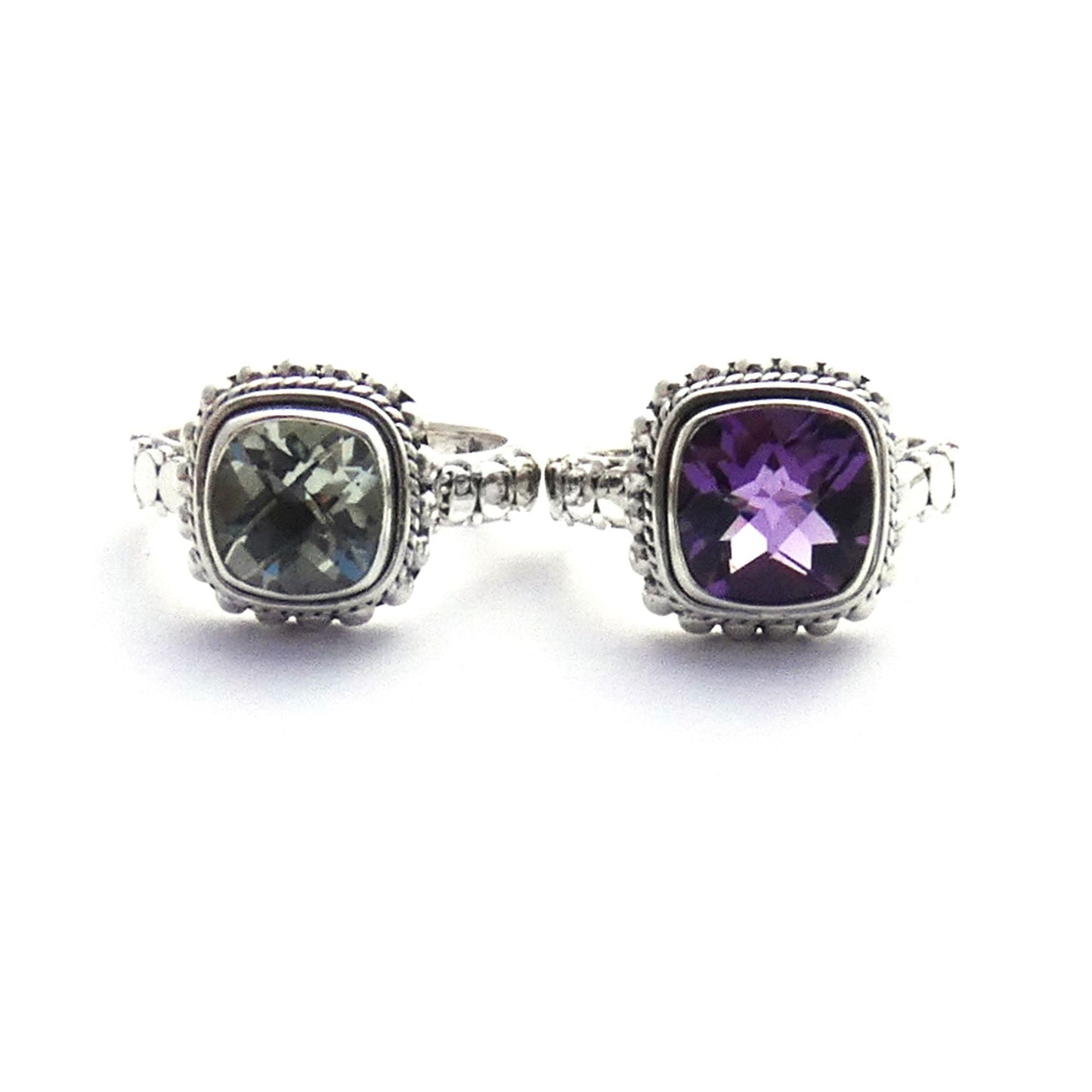 Comparison photo showing how the amethyst gemstone is bigger than the green amethyst gemstone.
