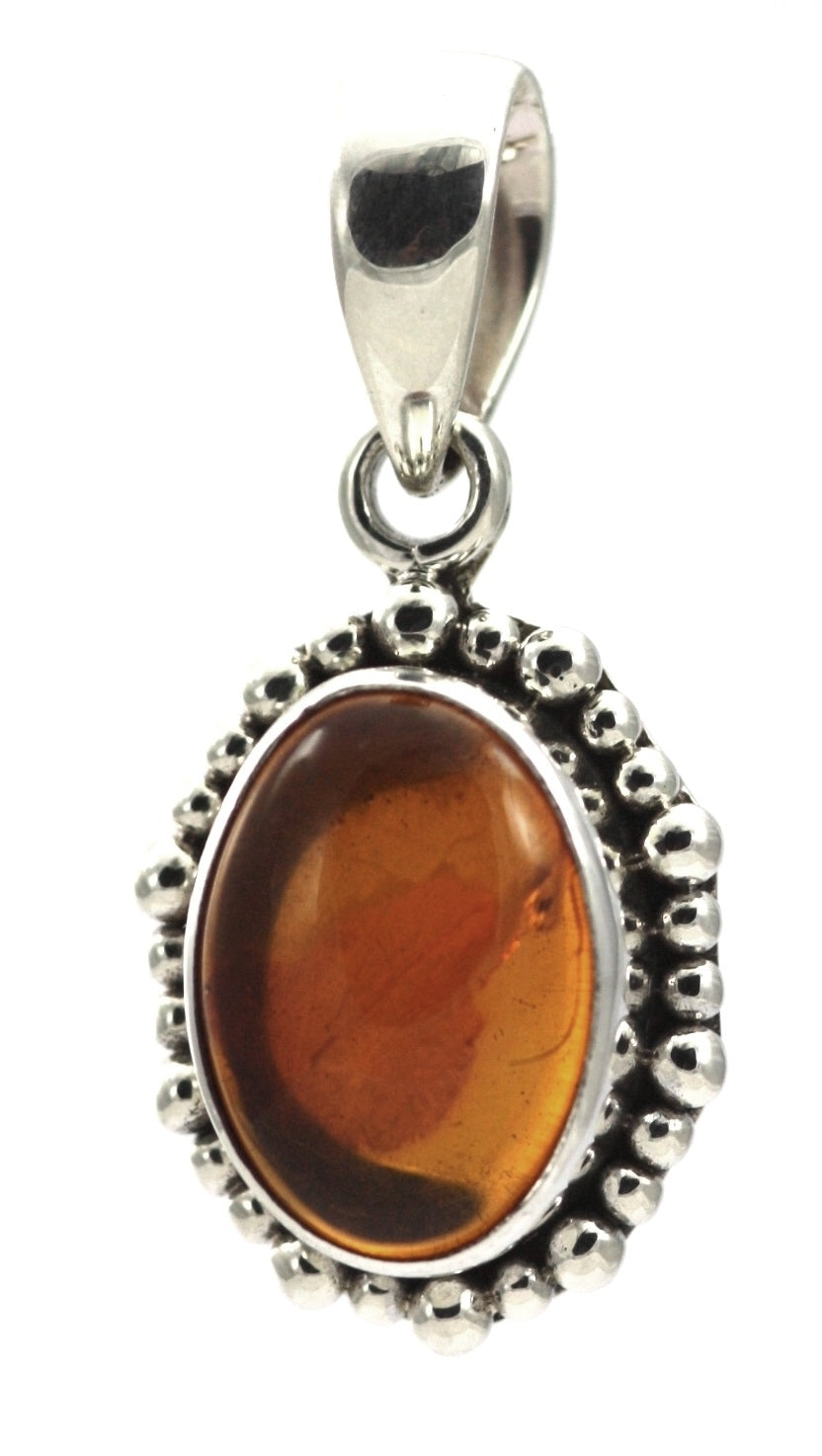 P004AB LIMITED .925 Sterling Silver Oval Amber Beaded Pendant.