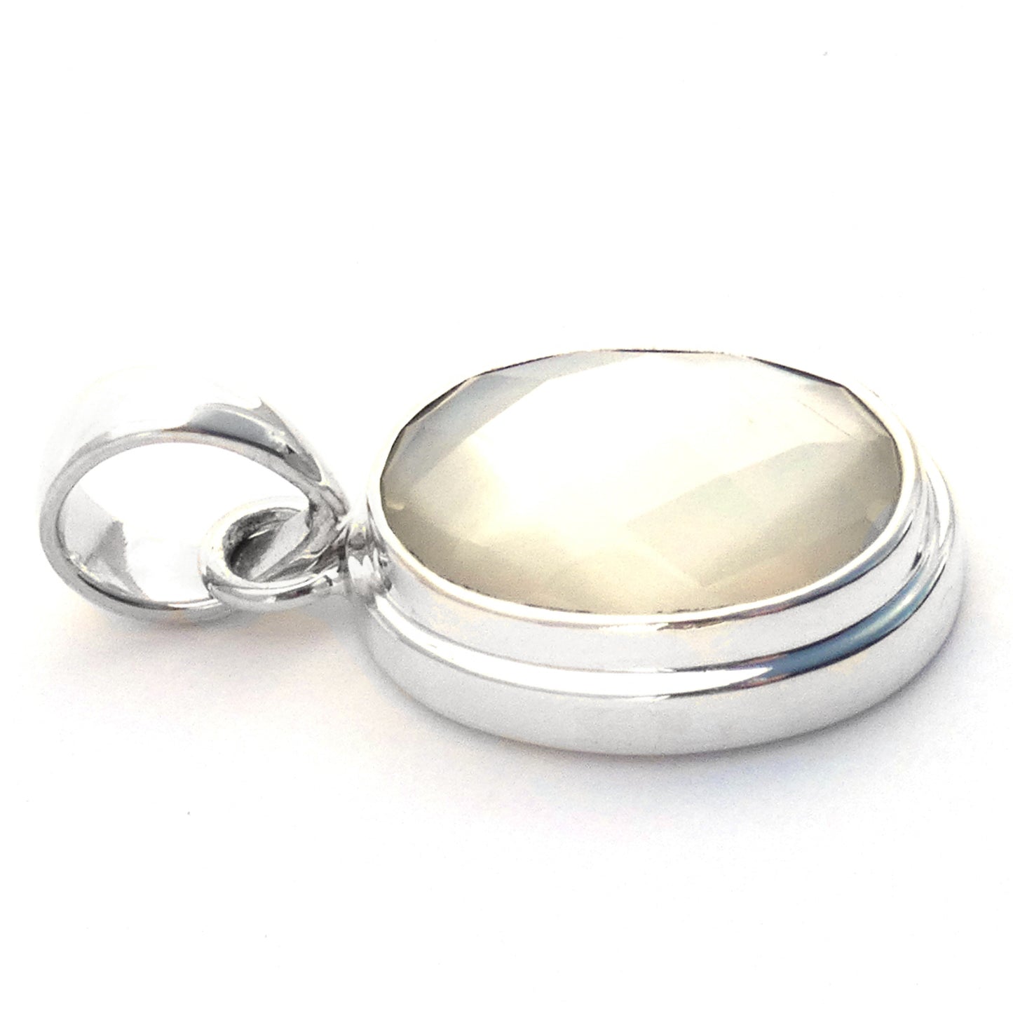 Sterling silver and mother of pearl doublet pendant.