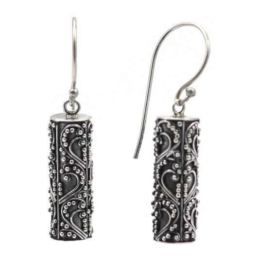 E111 LIMITED .925 Sterling Silver Bali Ornate Cylinder Earrings