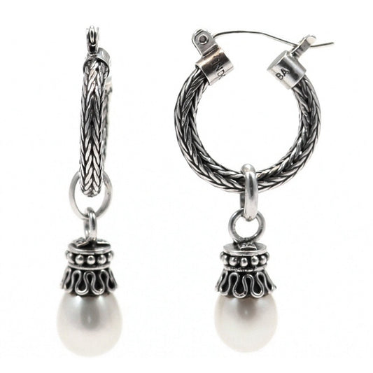 E263PL LIMITED .925 Sterling Silver Hoop Earrings with Pearl Charm Dangles