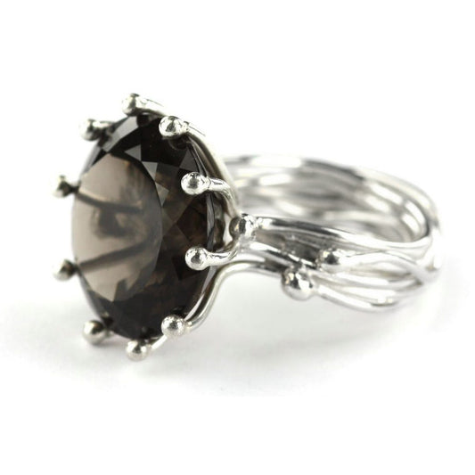 R600SQ size 9 LIMITED .925 Sterling Silver Ring with a Prong Set Round Smoky Topaz