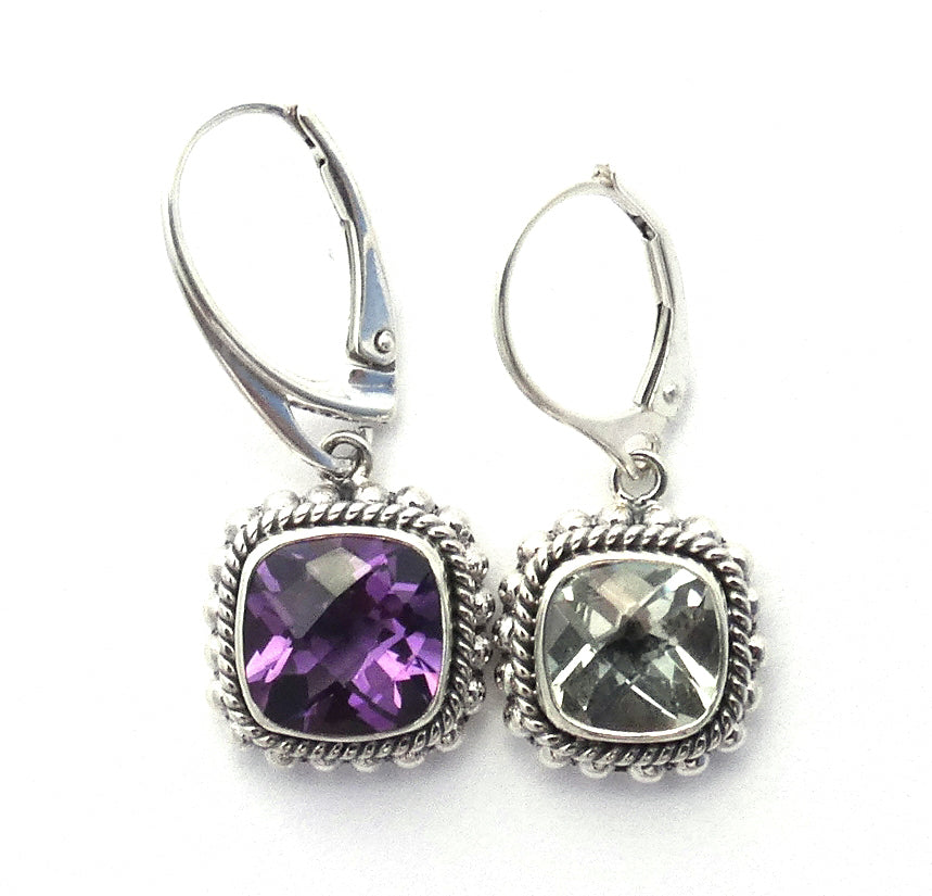 Comparison photo showing how the amethyst gemstone is larger than the green amethyst gemstone.