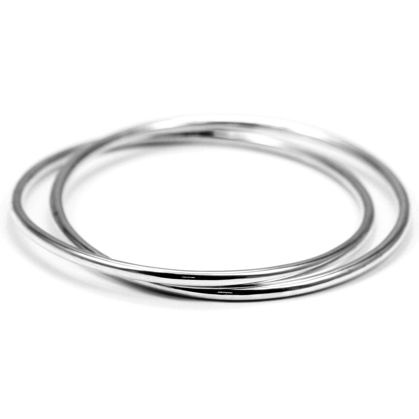 Double intertwined silver bangle bracelet with high polish smooth finish.
