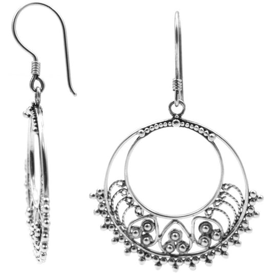Silver wire filigree and beads drop earrings.