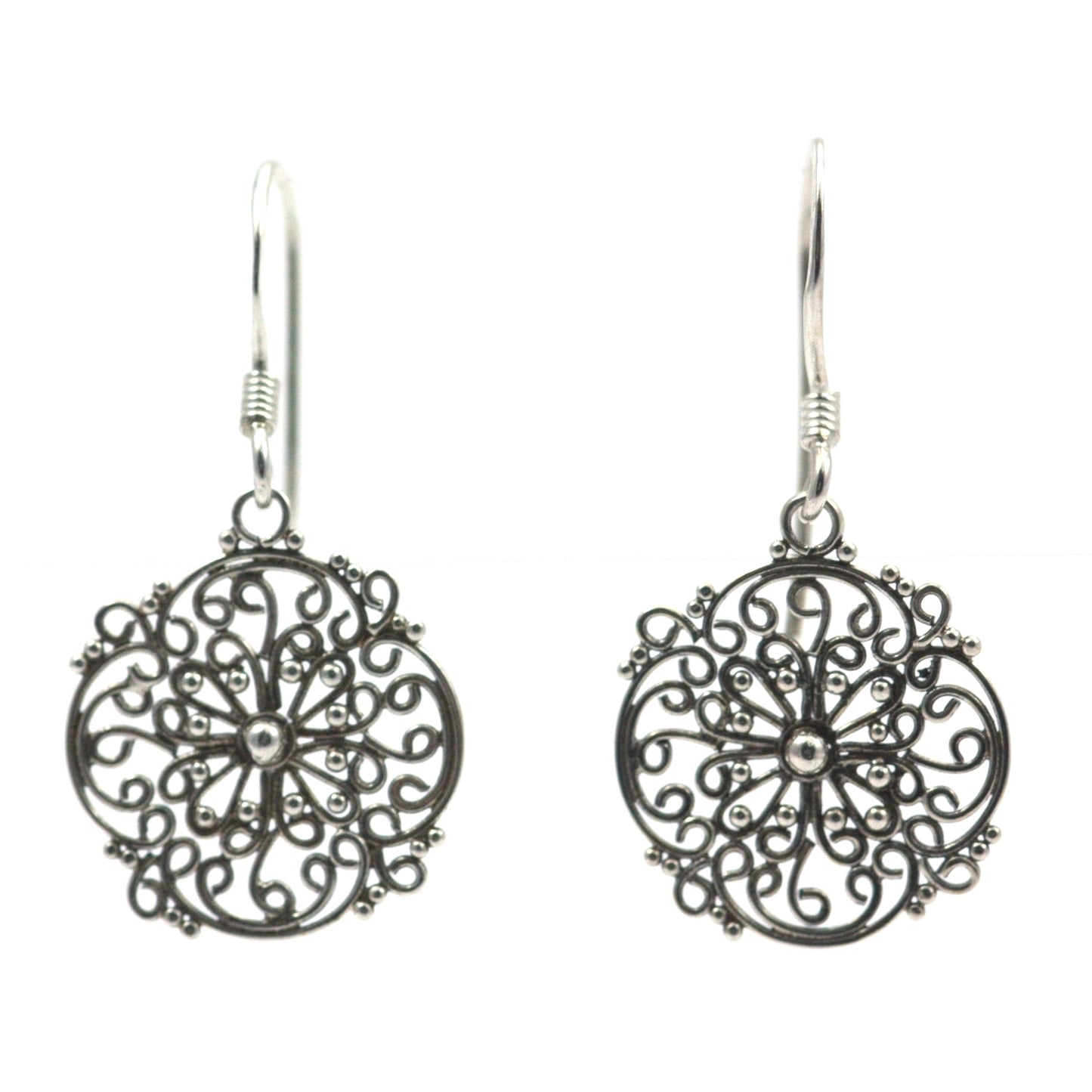 Sterling silver wire filigree round earrings.