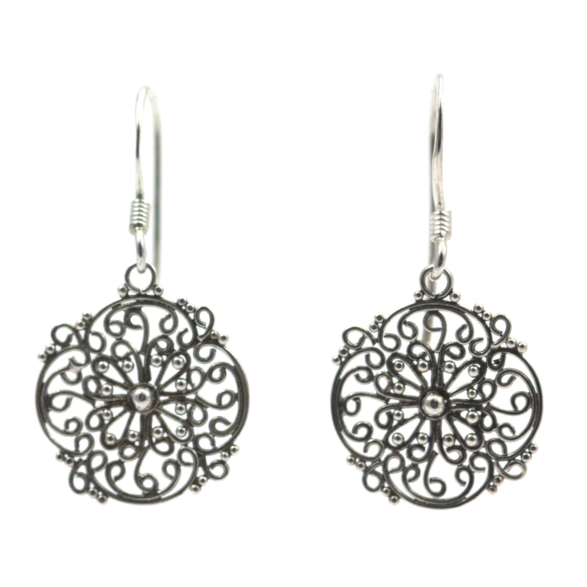 Sterling silver wire filigree round earrings.