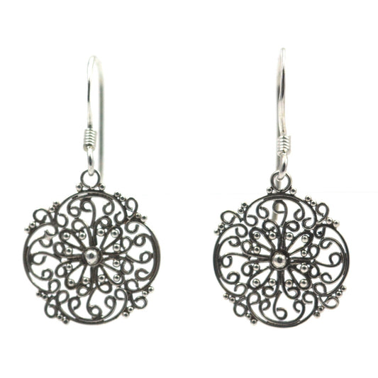 Sterling silver wire filigree round earrings.