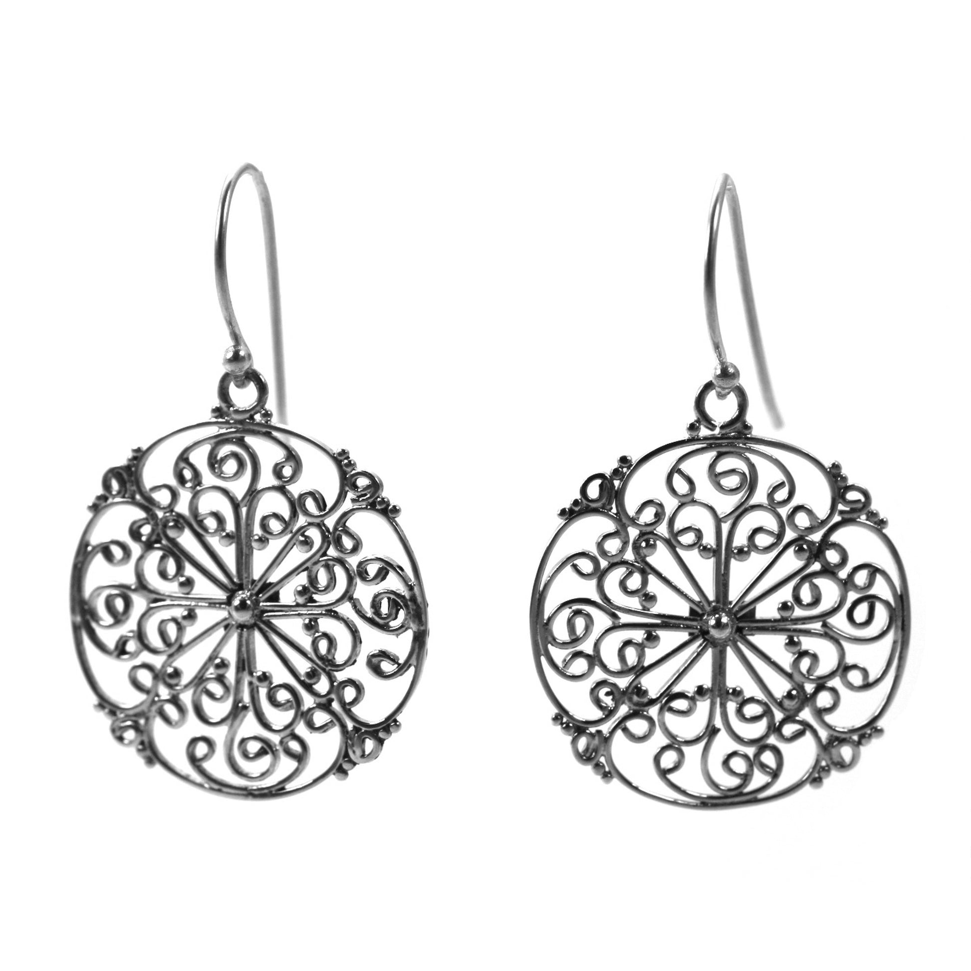 Sterling silver wire filigree round earrings.