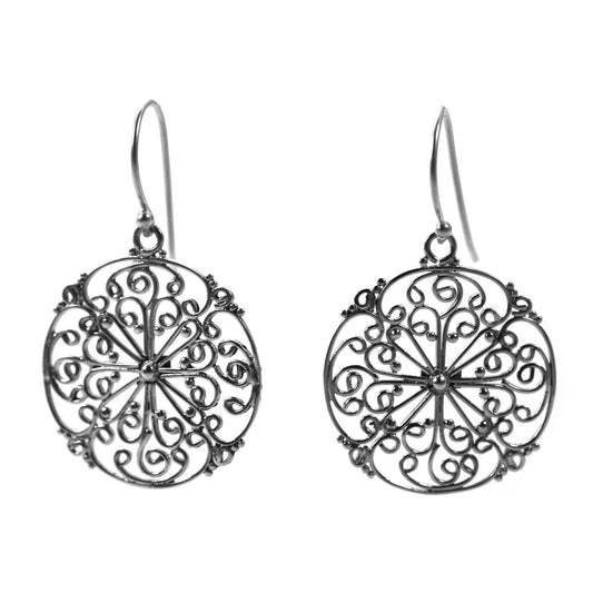 Sterling silver wire filigree round earrings.