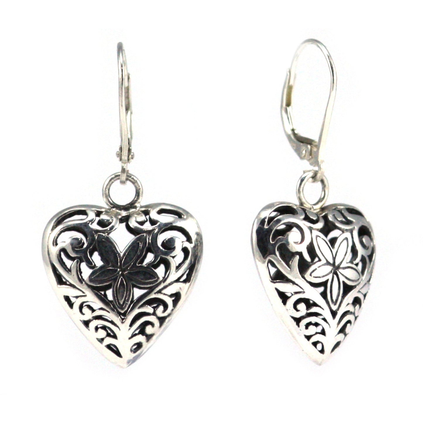 Sterling silver heart floral earrings.