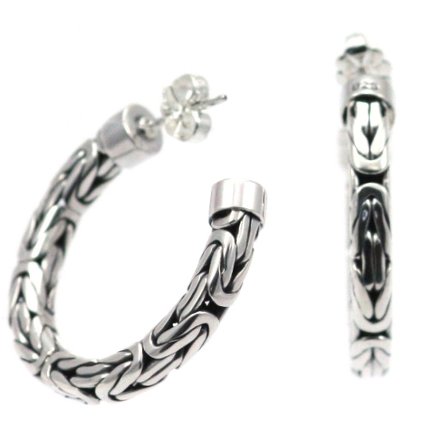 Silver three quarter hoop byzantine post earrings.