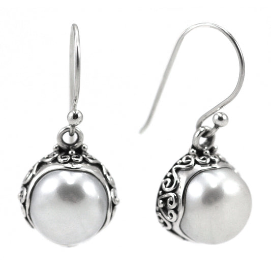 E793PL PADMA .925 Sterling Silver Earrings with 11mm Pearls and Filigree Adornment