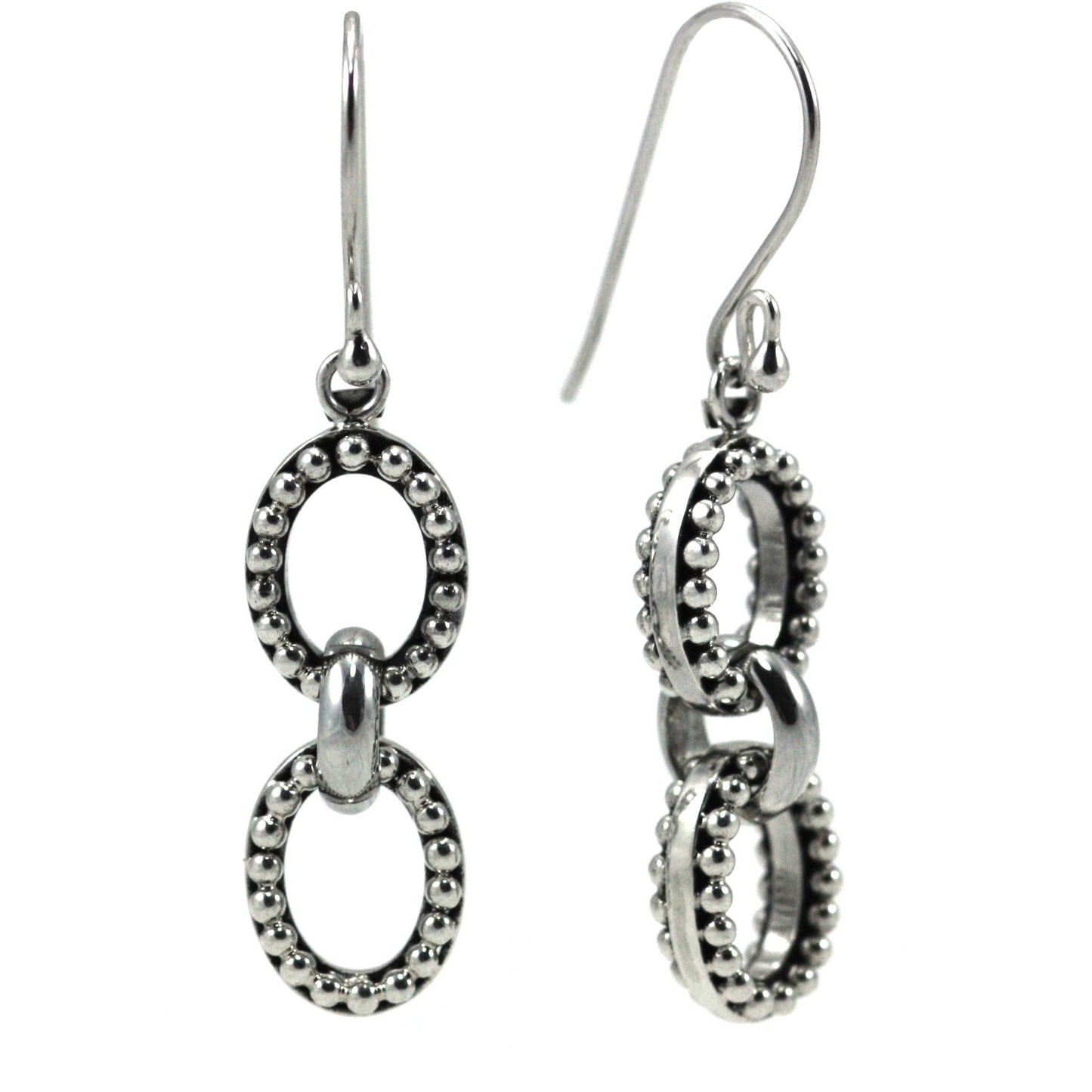 Silver earrings with double oval beaded drop elements.
