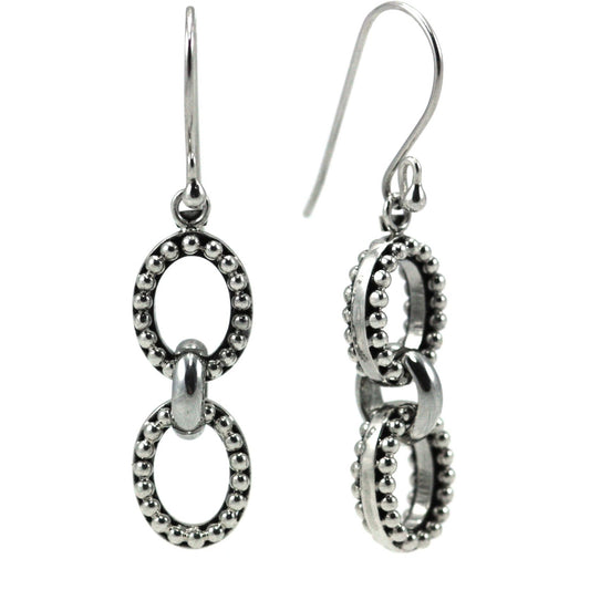Silver earrings with double oval beaded drop elements.