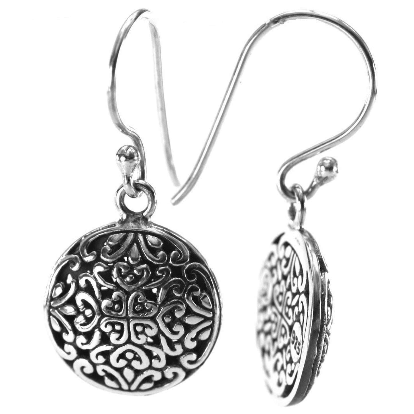 Sterling silver round dangle floral wire earrings.