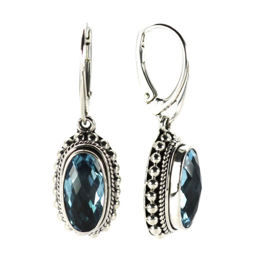 Silver earrings with oval sky blue topaz gemstones.