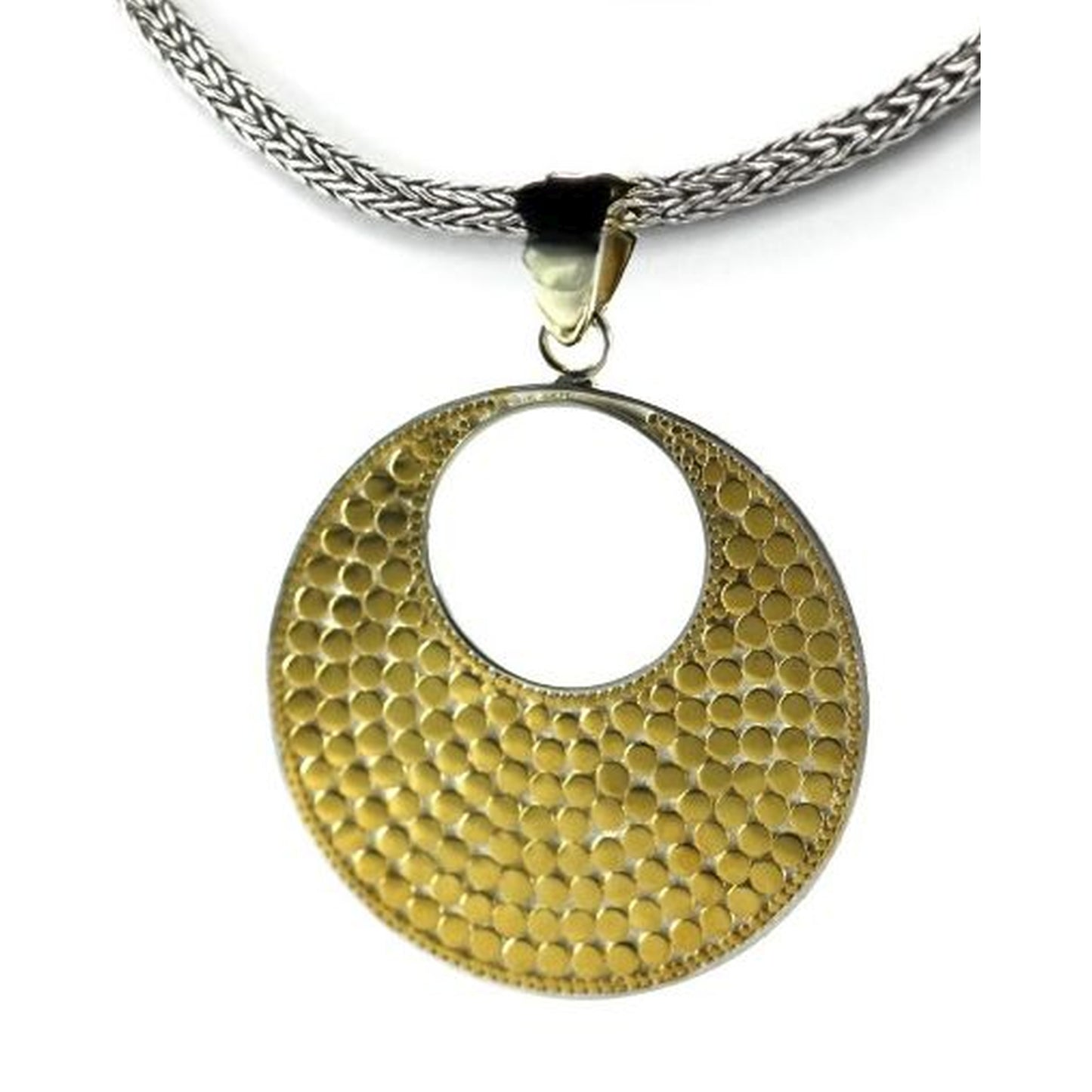 Sterling silver and gold dotted disc pendant.