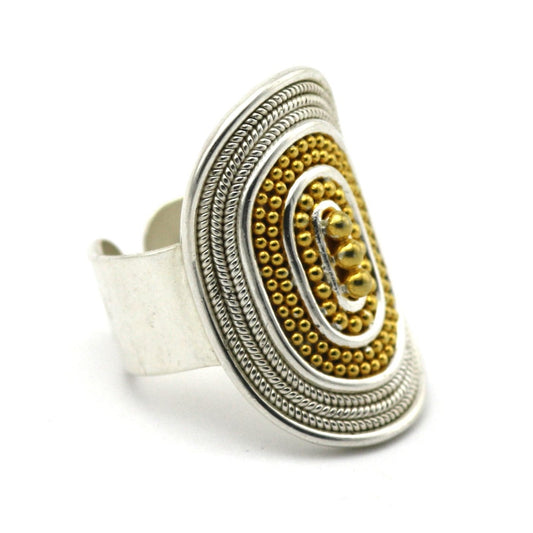 R123G RAYA Adjustable .925 Sterling Silver Ring With Rope Trim, Beaded Center And 18K Gold Vermeil Accents