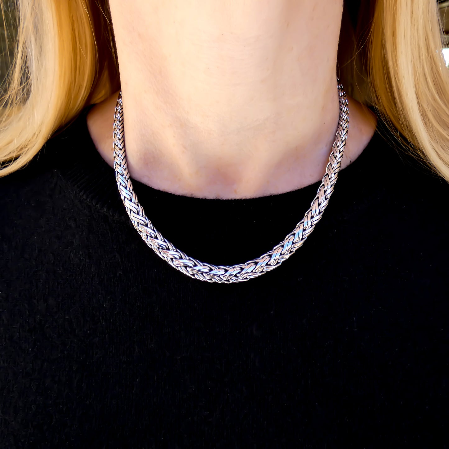 Solid sterling silver handmade wheat chain necklace. Graduated thickness, with the center thicker than the ends.