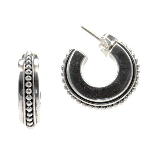 Silver three quarter hoop post earrings with beads.