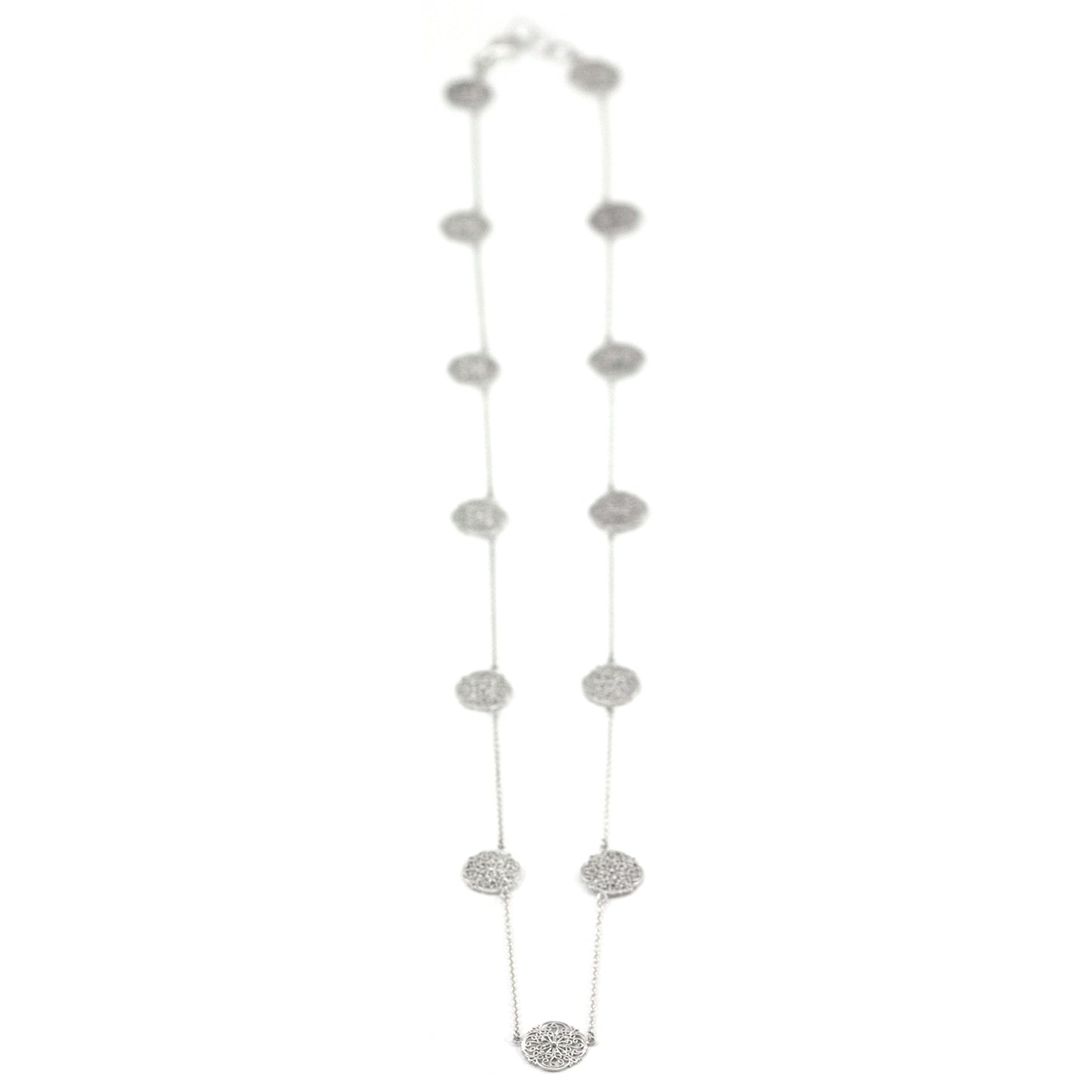 Sterling silver lightweight chain and station necklace.