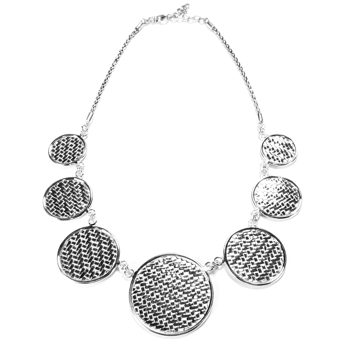 Sterling silver necklace with woven disc stations.