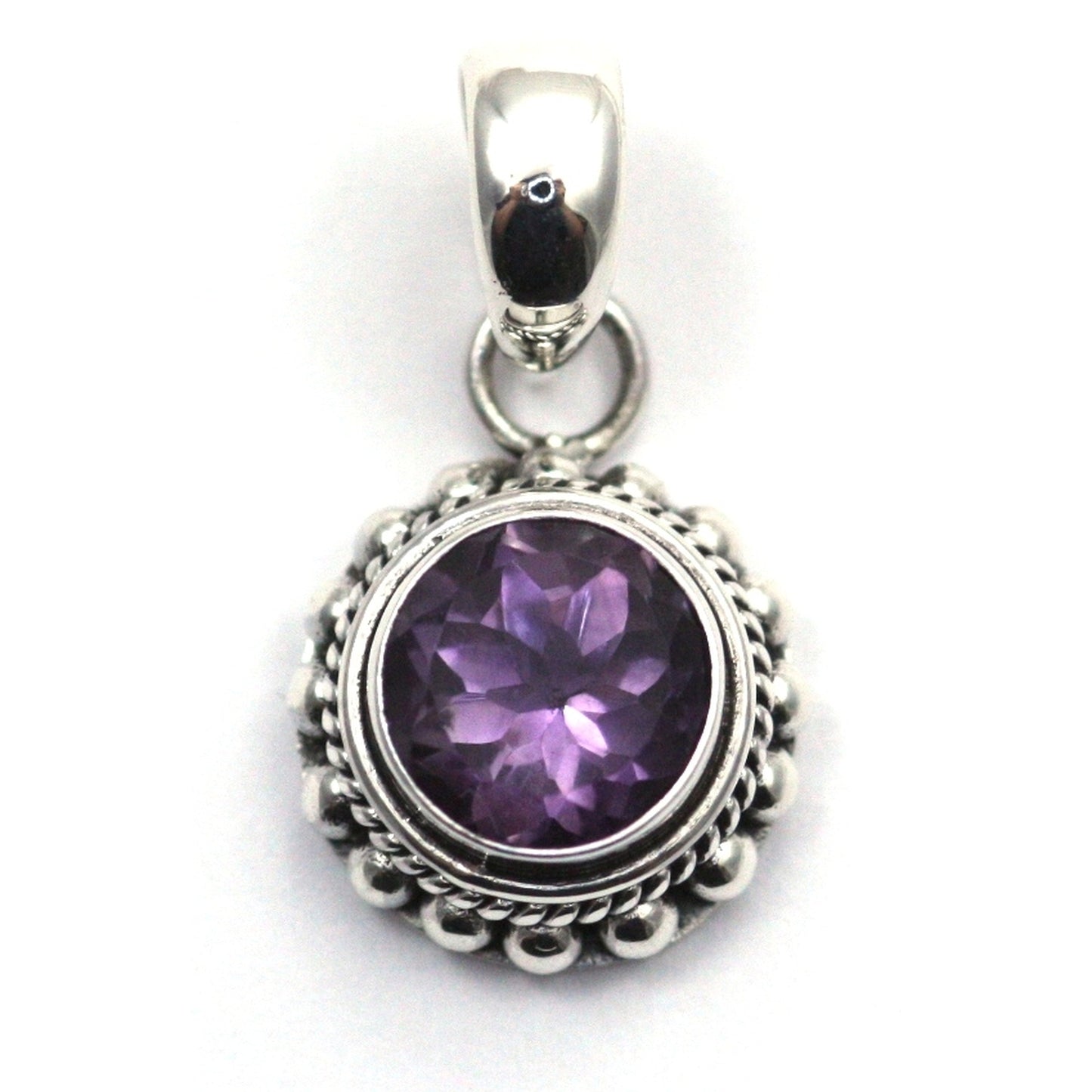 P003AM PADMA .925 Sterling Silver Bali Round Amethyst Granulation Pendant