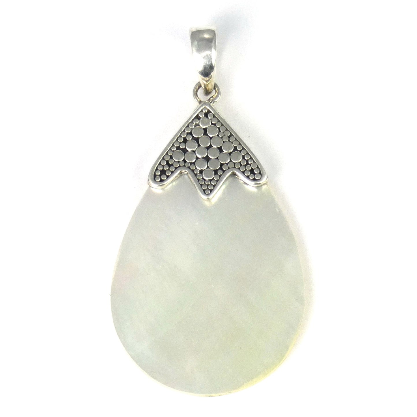 Sterling silver and mother of pearl teardrop shaped pendant.