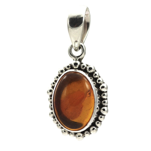 P004AB PADMA .925 Sterling Silver Oval Amber Beaded Pendant.