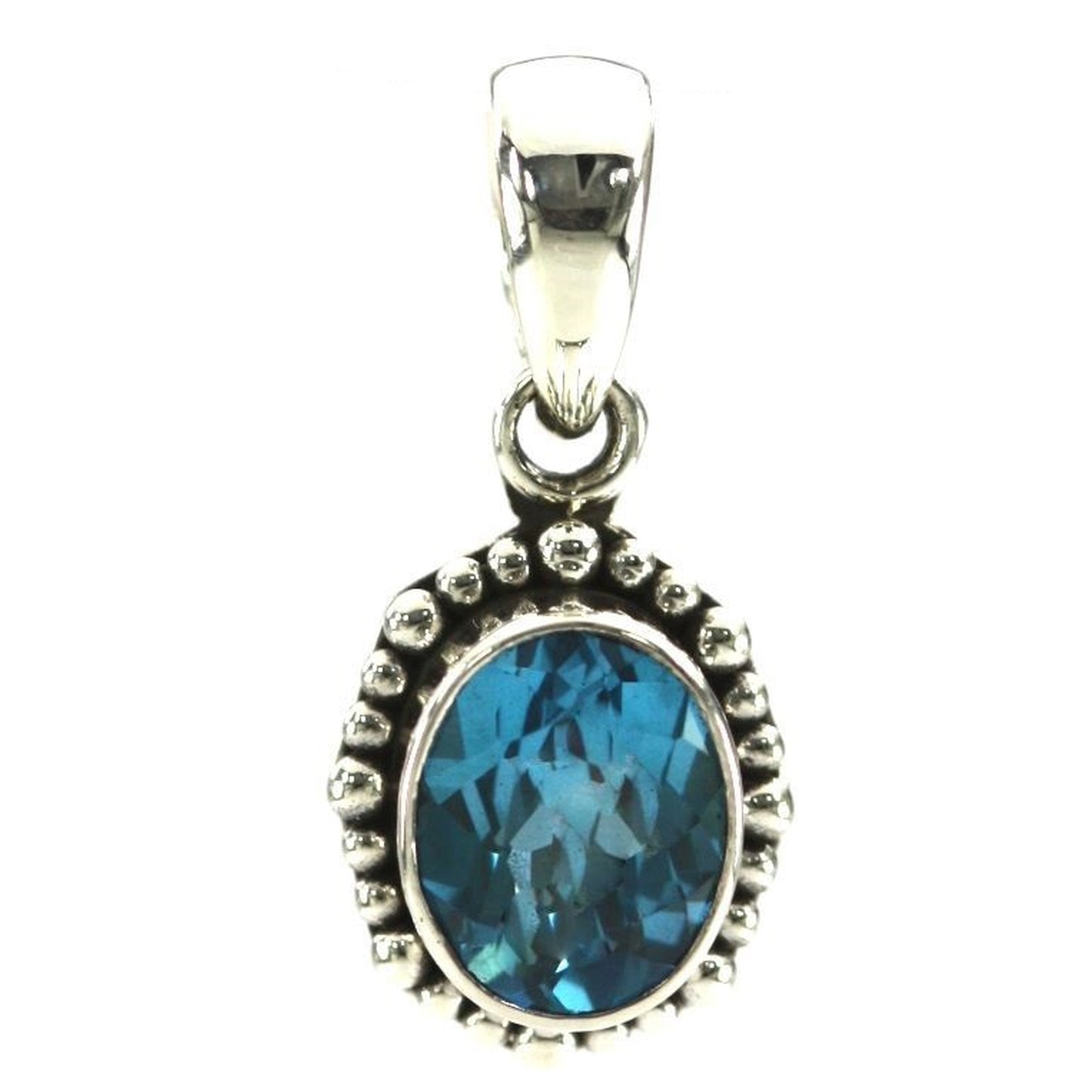 P004BT PADMA .925 Sterling Silver Bali Oval Pendant with a Genuine 8x10mm Swiss Blue Topaz Gemstone