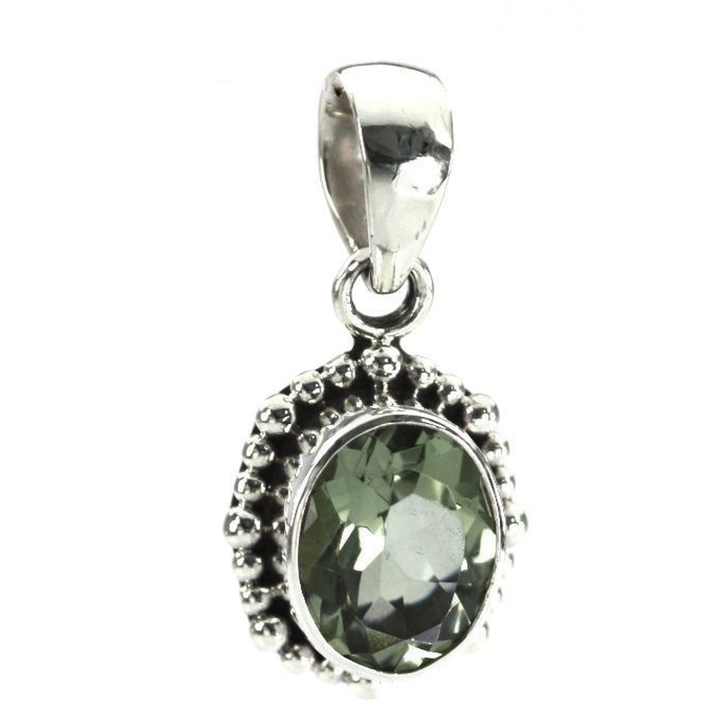Sterling silver and oval green amethyst pendant.