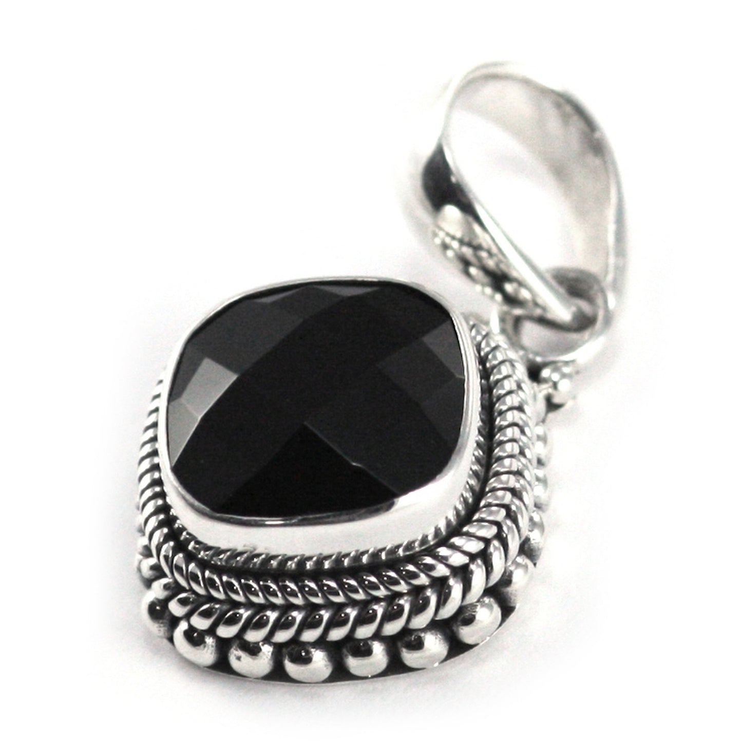 P002BOF PADMA .925 Sterling Silver Bali Beaded Faceted Black Onyx Pendant.