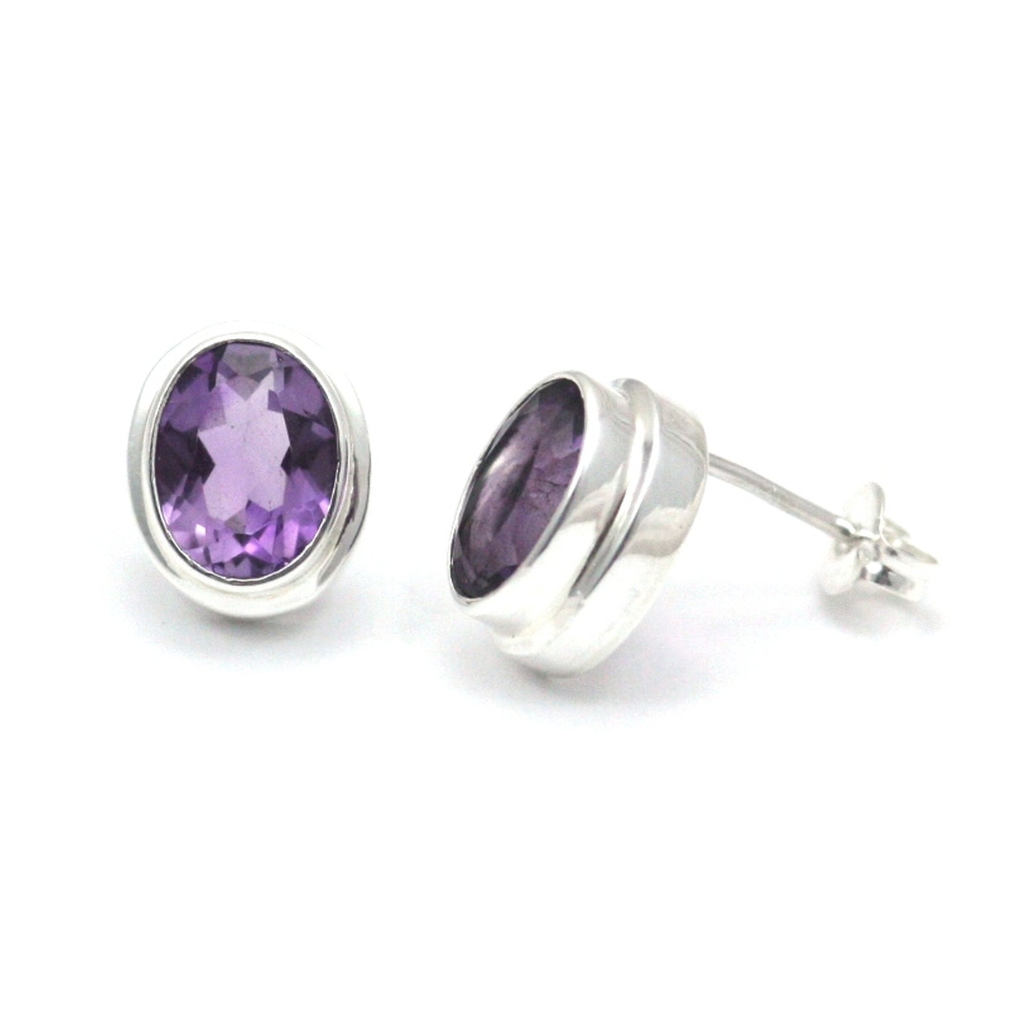 High polish plain setting sterling silver oval post earrings with amethyst.