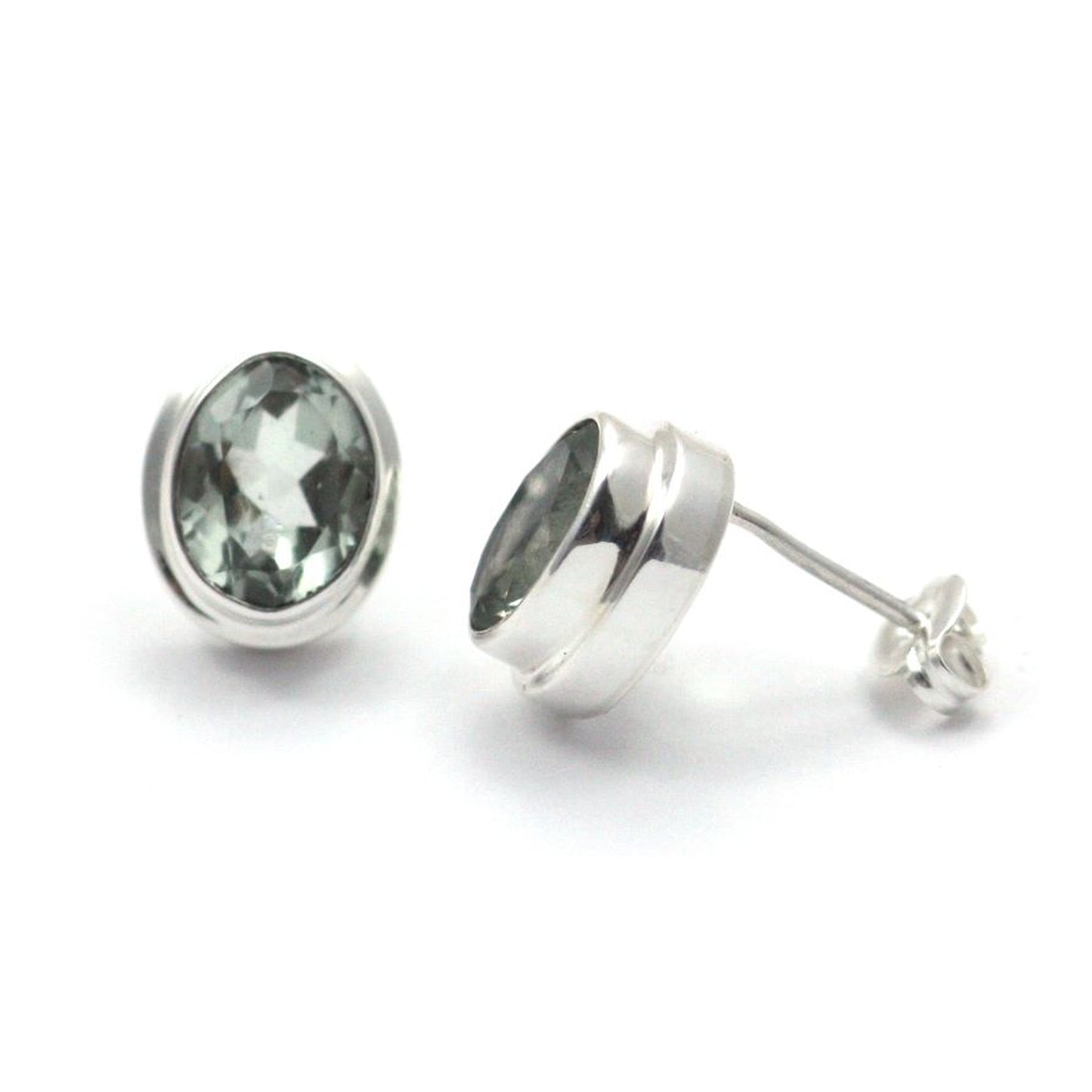 High polish plain setting sterling silver oval post earrings with green amethyst.
