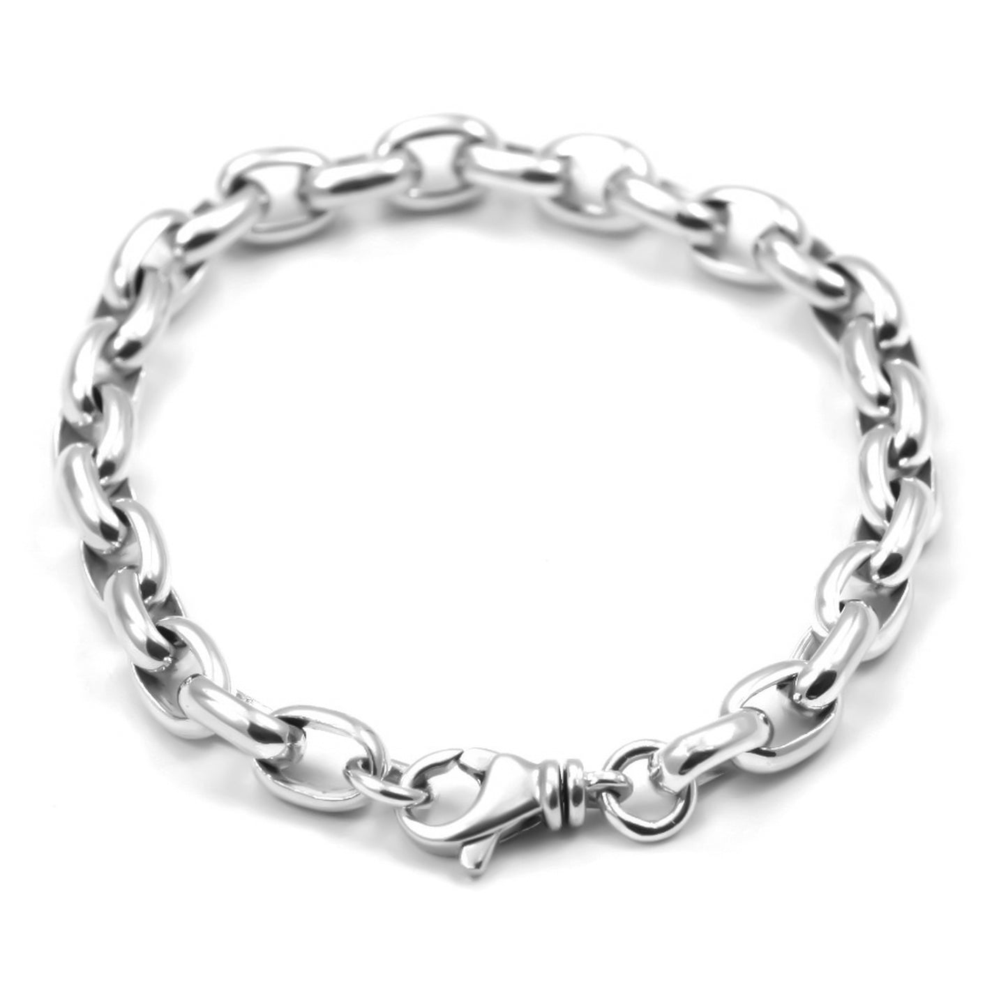 Silver rolo-style shiny link chain bracelet with a lobster clasp.