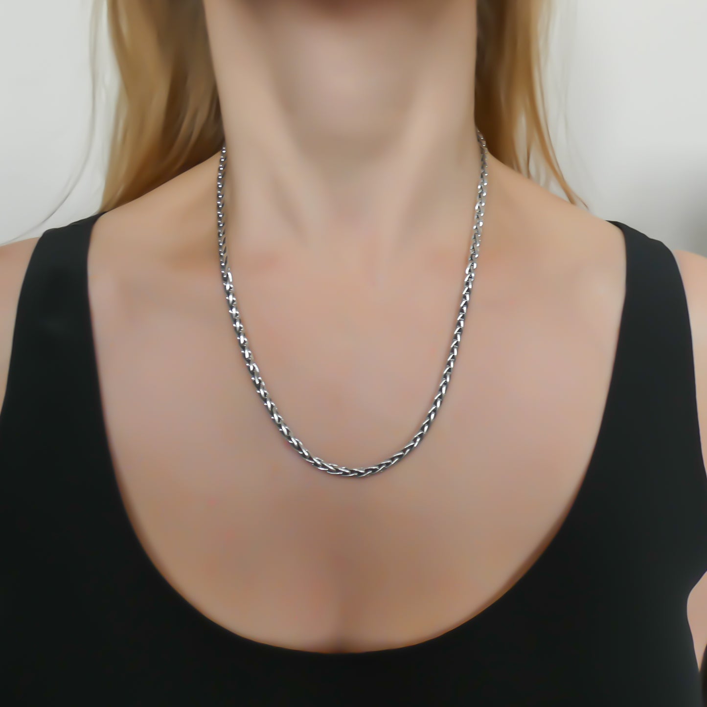 Five milimeter sterling silver wheat chain necklace.
