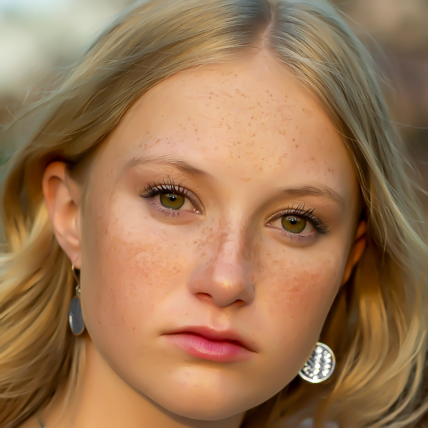 Woman wearing silver woven round earrings.