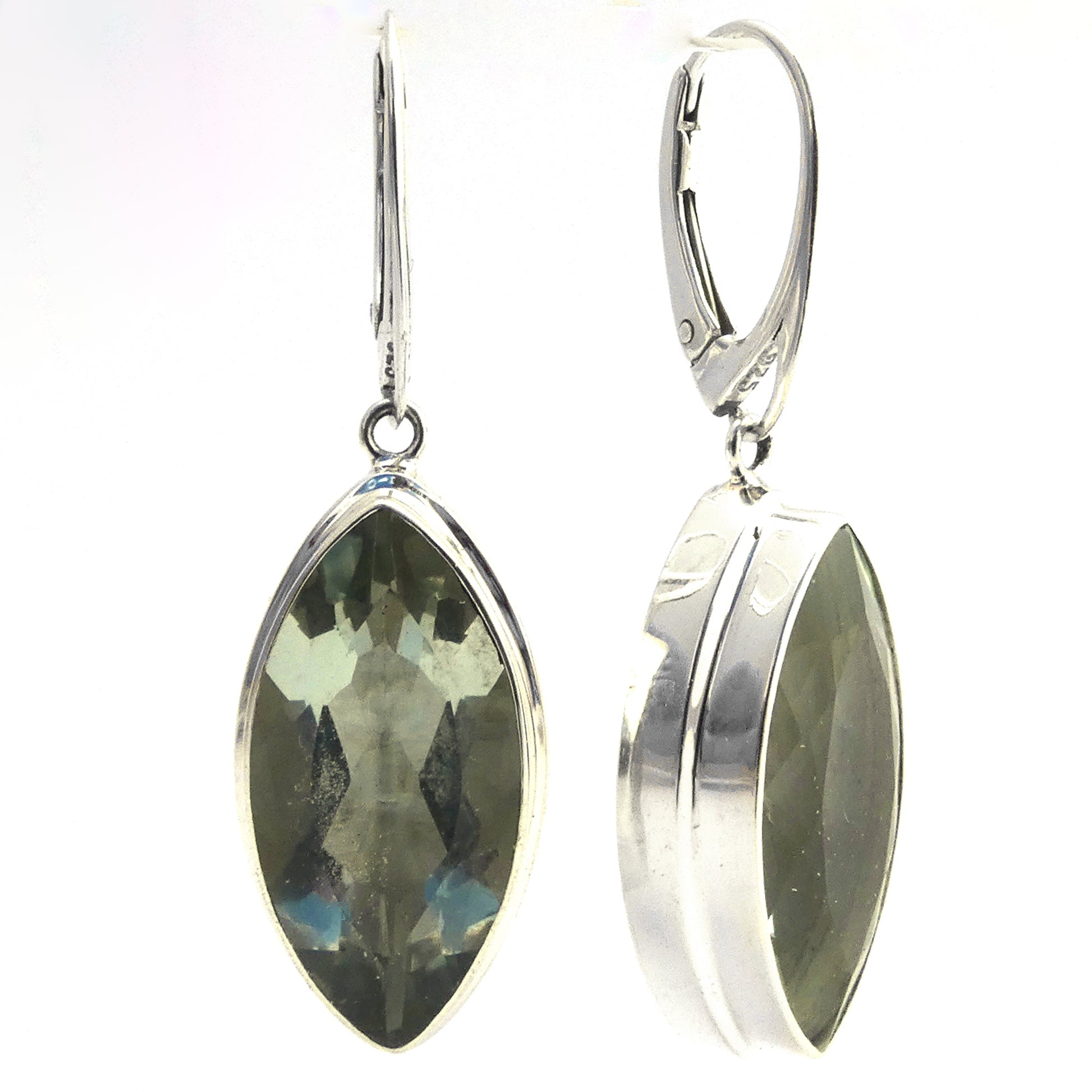 Sterling silver earrings with green amethyst gemstones.
