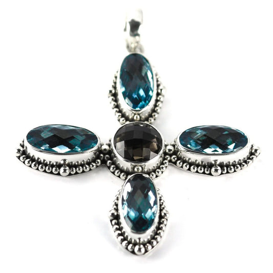P007BT/SQ LIMITED .925 Sterling Silver Pendant with Blue Topaz and Smoky Quartz