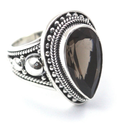 R259SQ size 9 LIMITED .925 Sterling Silver Ring with a Pear-cut Smoky Topaz
