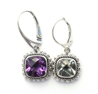 Comparison photo showing how the amethyst gemstone is larger than the green amethyst gemstone.