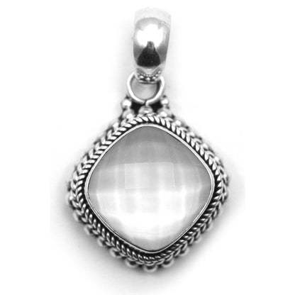 P002MPF PADMA .925 Sterling Silver Bali 12mm Checkerboard Faceted Crystal Quartz over MOP Pendant.