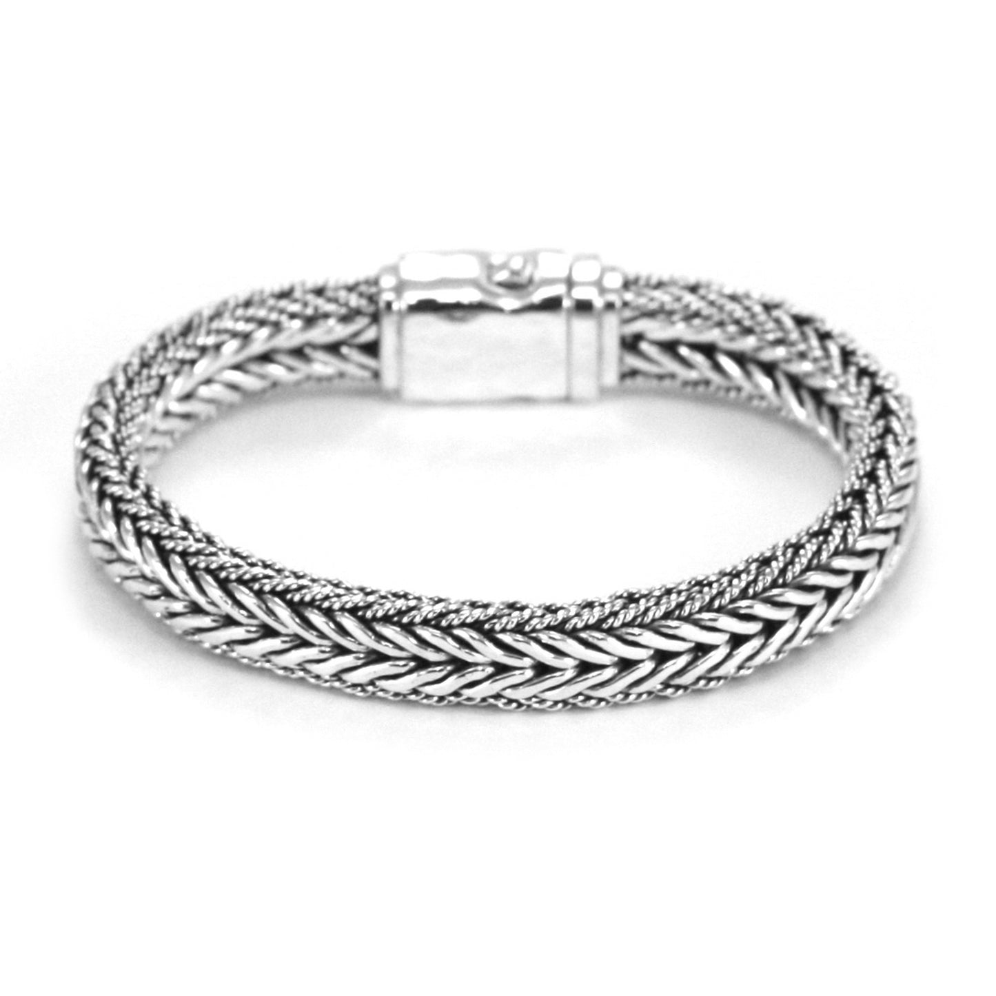 Wide silver snake chain bracelet with two textures and a hammered barrel clasp.