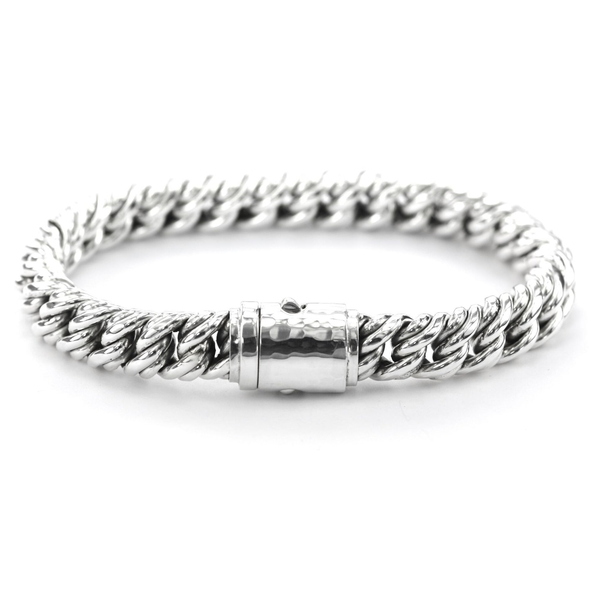 Heavy silver chain bracelet eight inches long with barrel clasp.