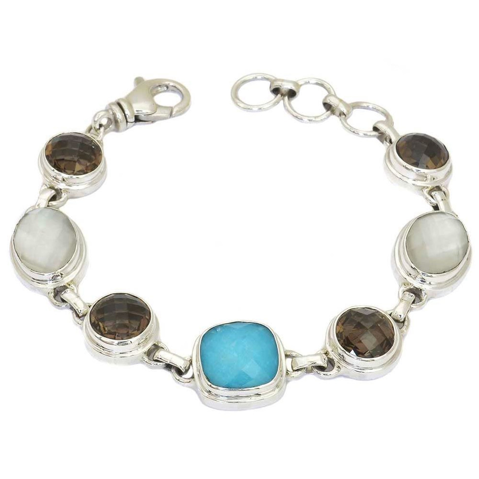 Silver link bracelet with one turquoise doublet, four round smoky topaz gemstones and two oval mother of pearl doublet gemstones.