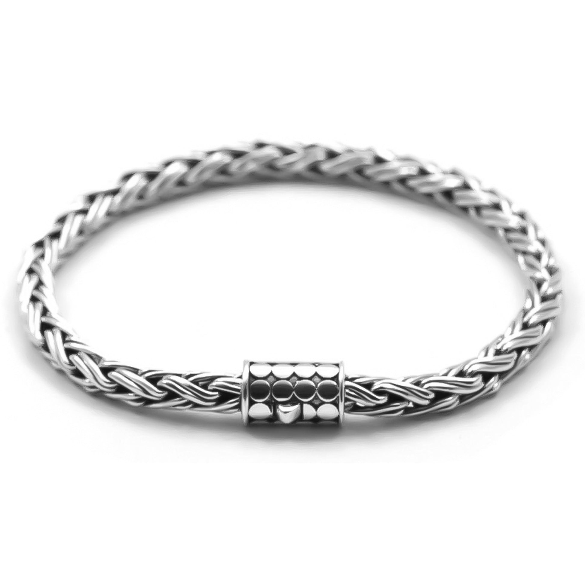 Silver thick wheat chain bracelet with a single button barrel clasp.