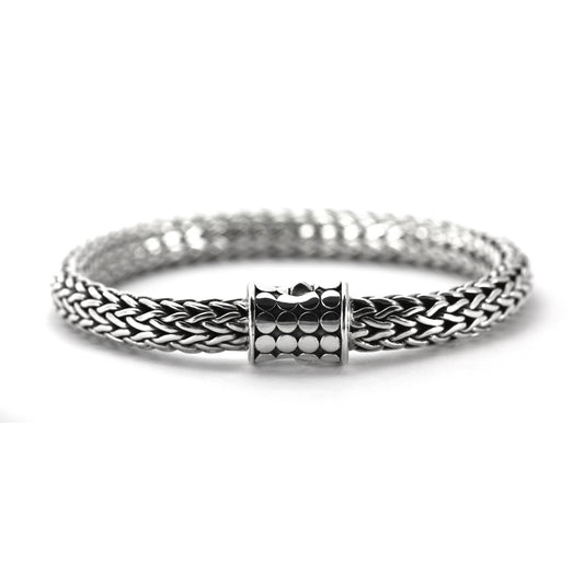 Thick silver snake chain bracelet with a two button barrel clasp.