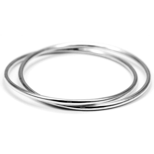 Double intertwined silver bangle bracelet with high polish smooth finish.